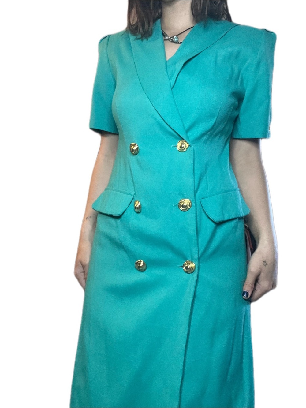 Vintage 1980s Cannes Petite Teal Double Breasted Power Dress